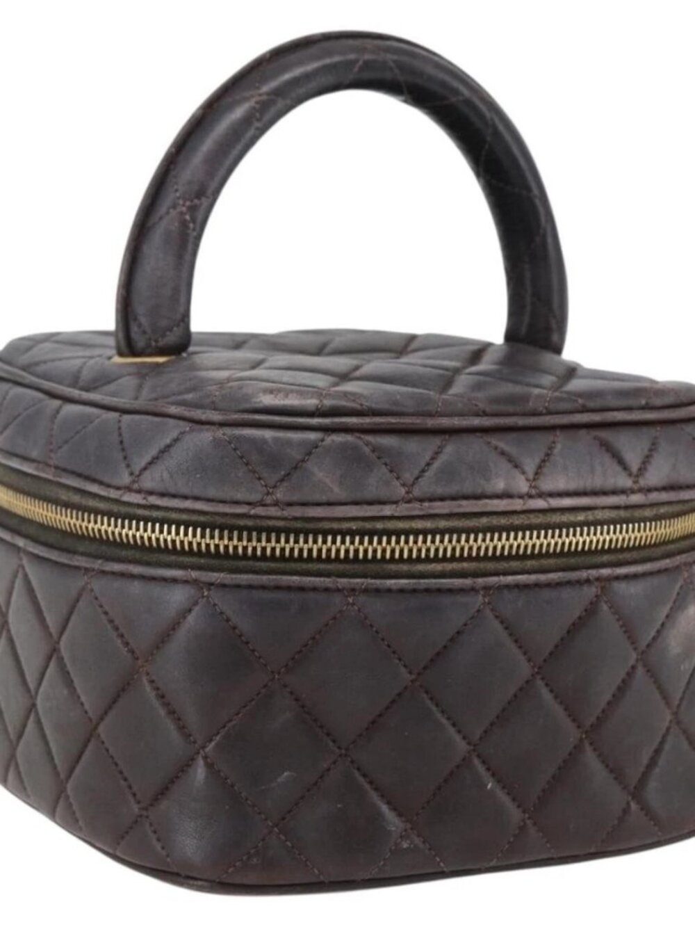 CHANEL Matelasse Vanity Hand Bag Lamb Skin Dark Brown Gold CC Auth 170916